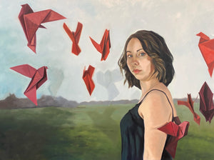 Oil painting of a woman with short brown hair surrounded by red paper cranes. 24"x18" (25"x19" framed) oil on panel by April Dawes