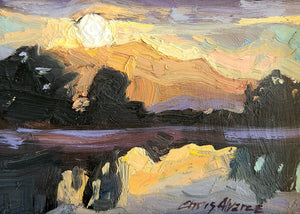 Impressionist painting of the sun over a lake in the evening. There are trees around the lake with bright orange and yellows surrounding the sun. IN the lake we can see a blurry reflection of the suns colors. 7"x5" oil by Chris Alvarez