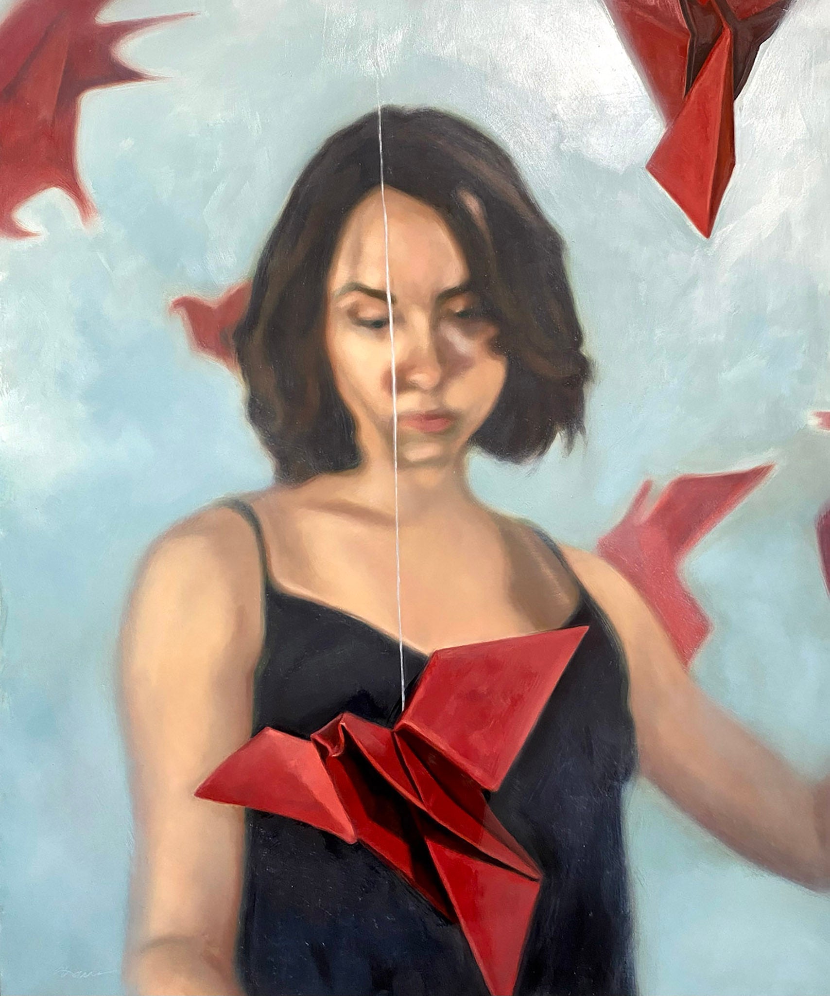 Oil painting of a woman blurred in the background and a red paper crane in focus in the foreground. 20"x24" (21"x25" framed) oil on panel by April Dawes