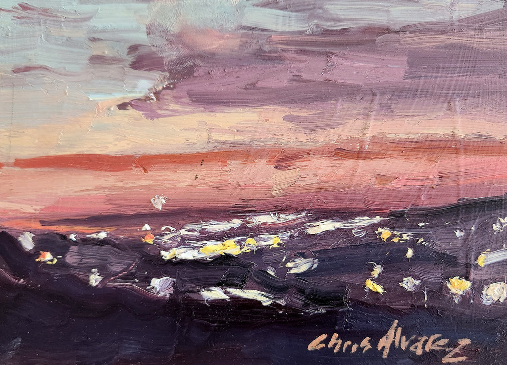 Abstract painting with dark blue waves on the bottom half of the painting with white and yellow dots spread out over the top. The top half of the painting are shades of pink, red, purple, and blue blended together as if they are reflected through clouds. 7"x5" oil by Chris Alvarez