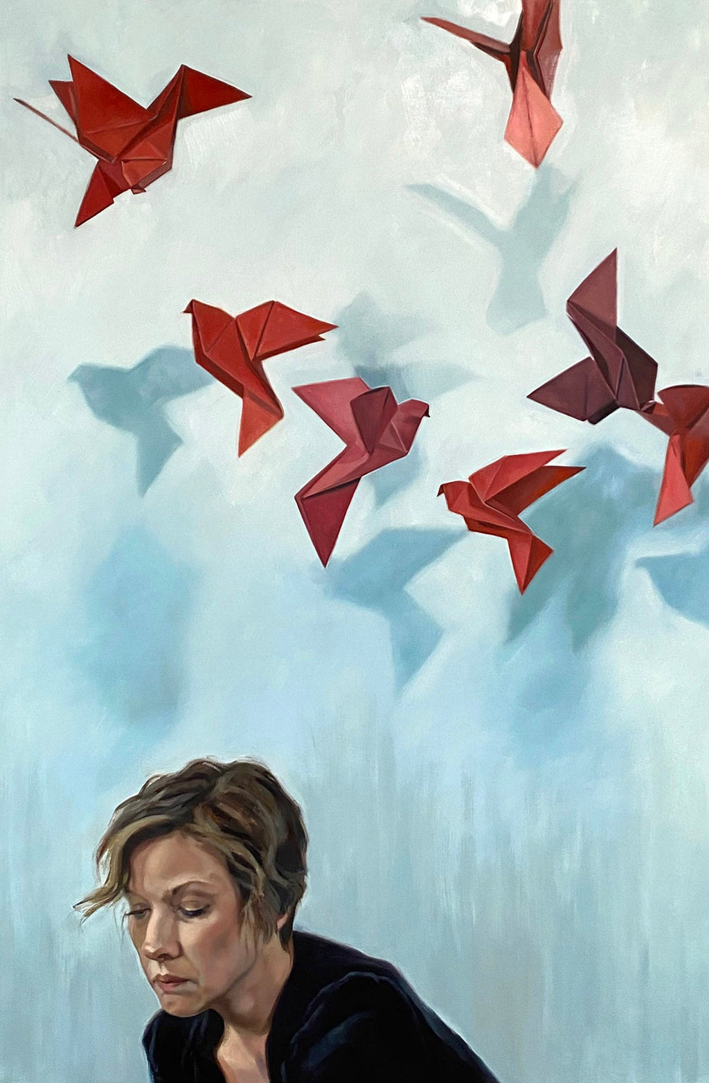 Oil painting of woman thinking and red paper cranes floating above. 24"x36" (25"x37" framed) oil on panel by April Dawes