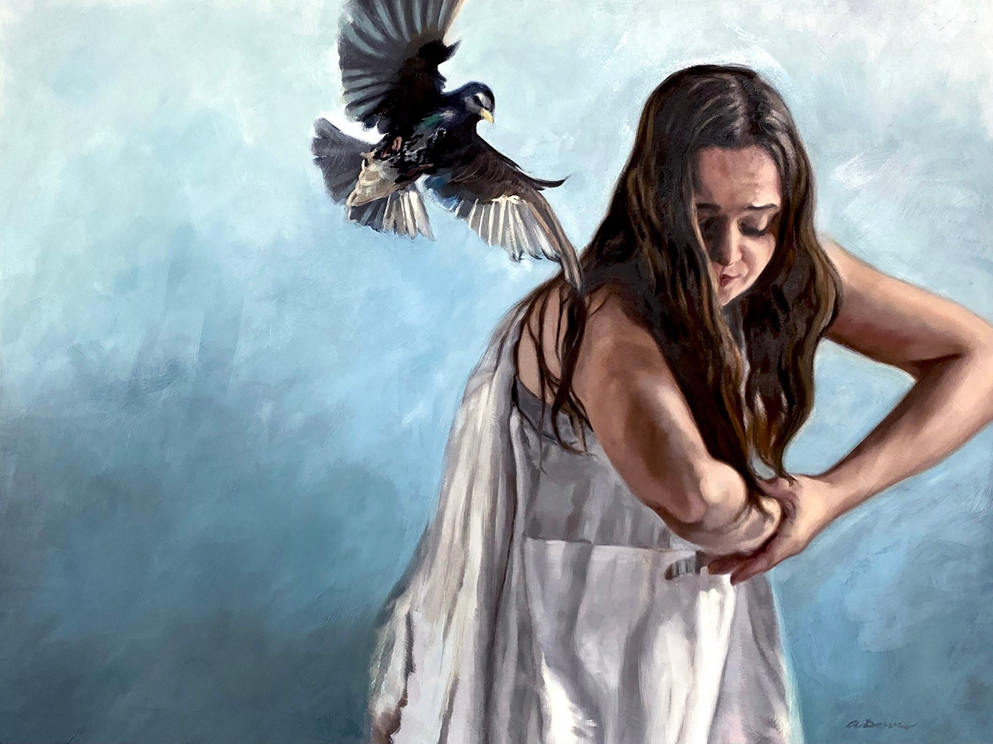 Oil painting of a woman in a white dress with long brown hair, arms folded like bird wings and a bird flying above. 24"x18" (25"x19" framed) oil on panel by April Dawes