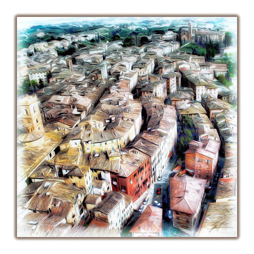 A photograph of a city from above. The buildings are all bright shades of red and yellow. You can see the streets winding between the buildings and some cars driving on them below. The photograph as a filter on it that makes it appear like it was a drawing. The entire photograph has a white border. 12"x12" photography by Tom Patterson